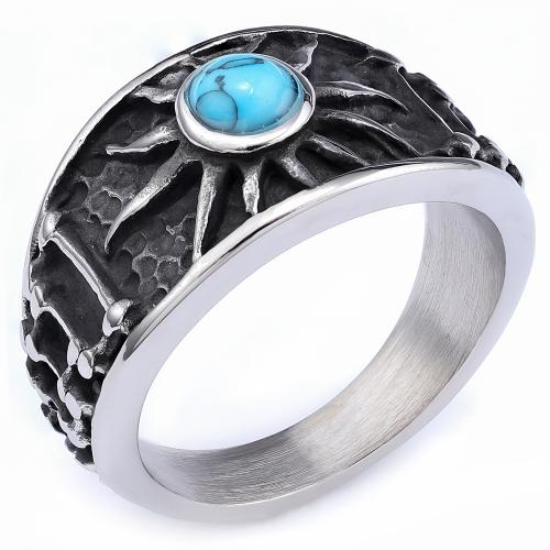 Gemstone Stainless Steel Finger Ring, 304 Stainless Steel, with turquoise, polished, fashion jewelry & for man, original color 