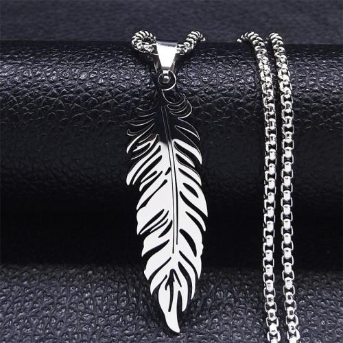 Stainless Steel Jewelry Necklace, 304 Stainless Steel, Feather, polished, fashion jewelry & Unisex, silver color Approx 50 cm [