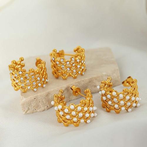 Boucles d'oreilles en acier titane, avec Plastique ABS perle, Placage, bijoux de mode & avec strass, doré Vendu par paire