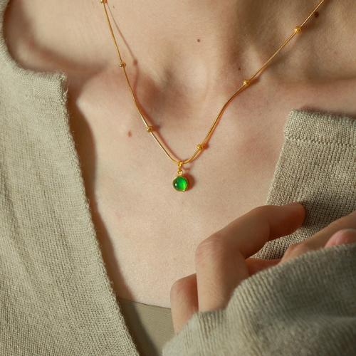 Titanium Steel Jewelry Necklace, with Green Aventurine, with 5cm extender chain, plated, fashion jewelry, golden cm 