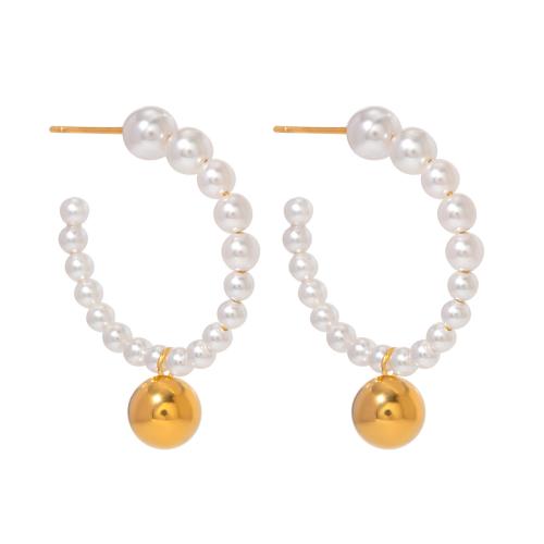 Edelstahl Tropfen Ohrring, 304 Edelstahl, mit ABS-Kunststoff-Perlen, plattiert, Modeschmuck, goldfarben, 7.9x28mm, verkauft von Paar