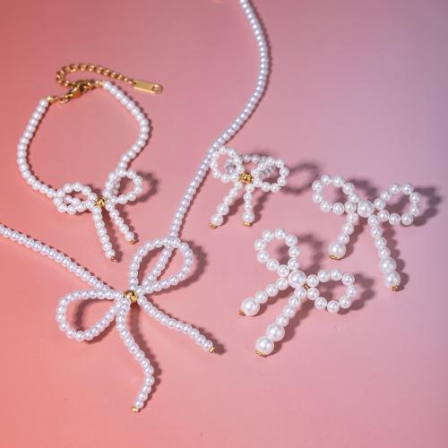Fashion Stainless Steel Jewelry Sets, 304 Stainless Steel, with ABS Plastic Pearl, Bowknot, plated, fashion jewelry white 
