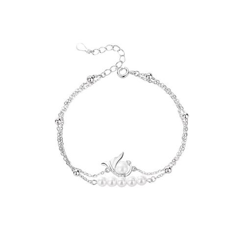 Cubic Zirconia Micro Pave Sterling Silver Bracelet, 925 Sterling Silver, with Shell Pearl, with 4CM extender chain, micro pave cubic zirconia & for woman, platinum color Approx 15.5 cm 