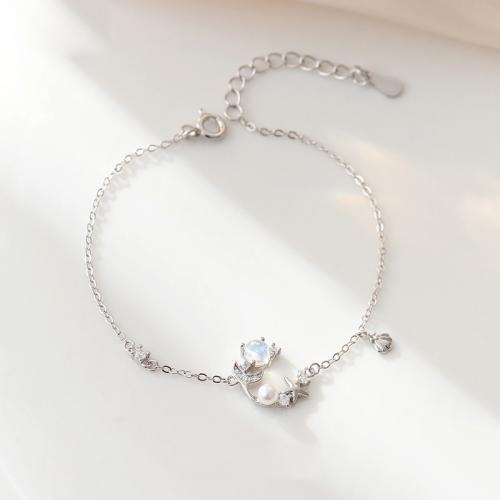 Cubic Zirconia Micro Pave Sterling Silver Bracelet, 925 Sterling Silver, with Synthetic Moonstone & Shell Pearl, with 4CM extender chain, Swan, micro pave cubic zirconia & for woman, platinum color Approx 15.5 cm 