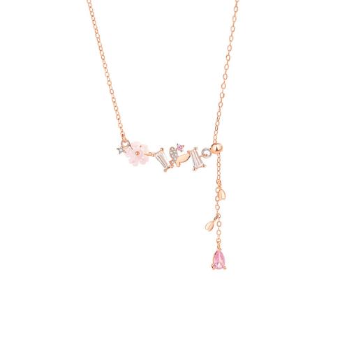 Cubic Zircon Micro Pave Sterling Silver Necklace, 925 Sterling Silver, with Pink Shell, with 5CM extender chain, micro pave cubic zirconia & for woman & epoxy gel Approx 40 cm 