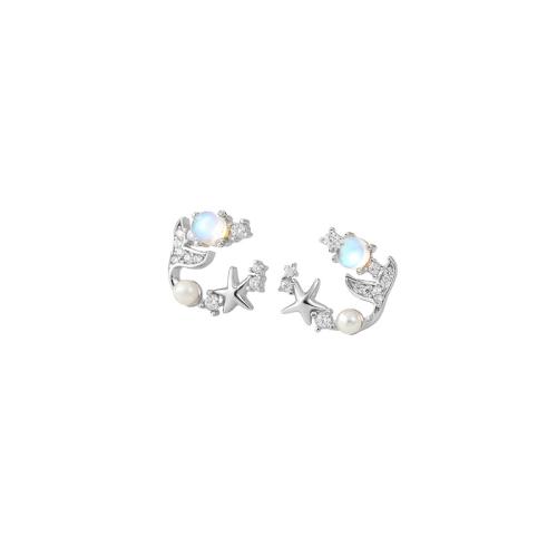 Cubic Zirconia Micro Pave Sterling Silver Earring, 925 Sterling Silver, with Synthetic Moonstone & Shell Pearl, micro pave cubic zirconia & for woman, platinum color 