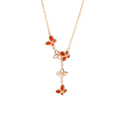 Cubic Zircon Micro Pave Sterling Silver Necklace, 925 Sterling Silver, with Red Agate & White Shell, with 5CM extender chain, micro pave cubic zirconia & for woman, rose gold color Approx 40 cm 