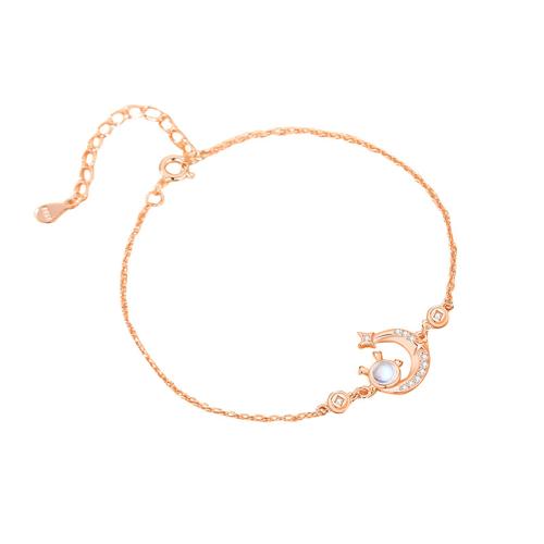 Cubic Zirconia Micro Pave Sterling Silver Bracelet, 925 Sterling Silver, with Synthetic Moonstone, with 4CM extender chain, micro pave cubic zirconia & for woman, rose gold color Approx 15.5 cm 