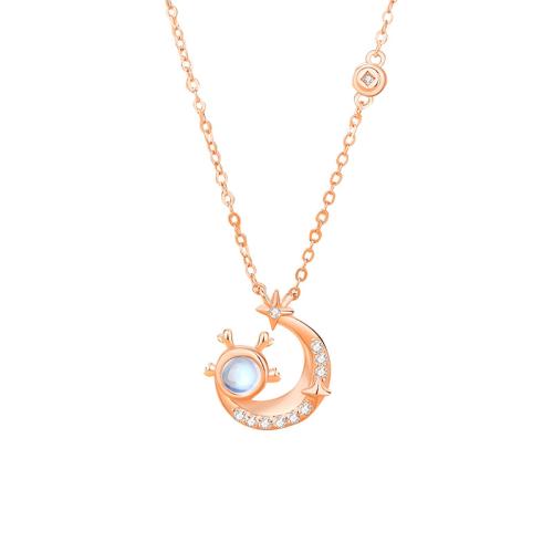 Cubic Zircon Micro Pave Sterling Silver Necklace, 925 Sterling Silver, with Synthetic Moonstone, with 5CM extender chain, micro pave cubic zirconia & for woman, rose gold color Approx 40 cm 