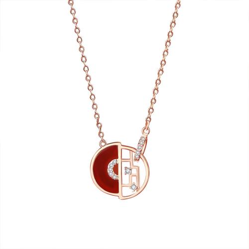 Cubic Zircon Micro Pave Sterling Silver Necklace, 925 Sterling Silver, with Red Agate, with 5CM extender chain, micro pave cubic zirconia & for woman, rose gold color Approx 40 cm 