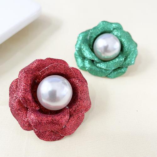 Plastic Pearl Brooch, Synthetic Leather, with Plastic Pearl & Zinc Alloy, Flower, handmade, for woman 40mm 