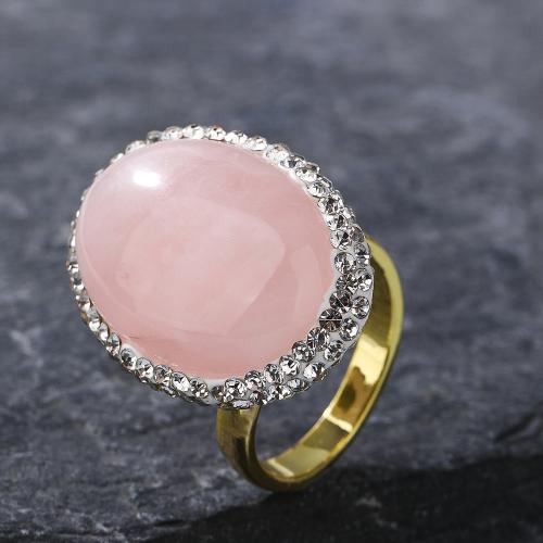 Quartz Finger Ring, Brass, with Rhinestone Clay Pave & Rose Quartz, Oval, gold color plated, fashion jewelry & for woman, pink, Inner Approx 19mm [