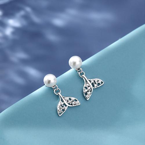 Sterling Silver Drop Earring, 925 Sterling Silver, with Shell Pearl, fashion jewelry & for woman & with rhinestone 
