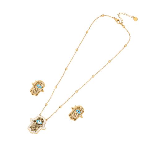 304 Stainless Steel Jewelry Set, earring & necklace, with Synthetic Turquoise, with 2inch extender chain, gold color plated, 2 pieces & for woman & with rhinestone Approx 15.7 Inch 