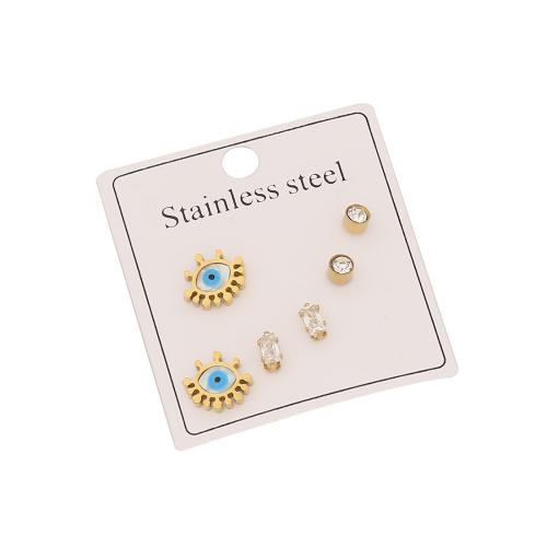 304 Stainless Steel Stud Earring Set, Evil Eye, plated & micro pave cubic zirconia & for woman & enamel 