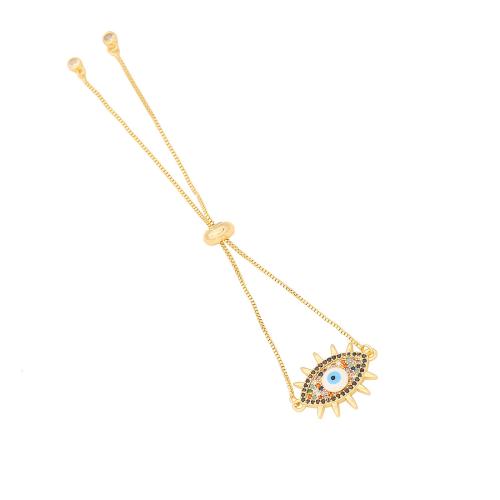 Brass Bracelet, Eye, gold color plated, box chain & micro pave cubic zirconia & for woman Approx 9.4 Inch 