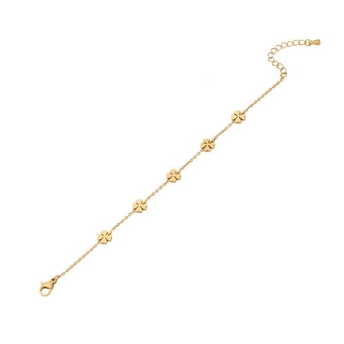 Acier inoxydable 304 bracelet, avec 1.6inch chaînes de rallonge, fleur, Placage de couleur d'or, chaîne ovale & pour femme Environ 6.3 pouce, Vendu par PC