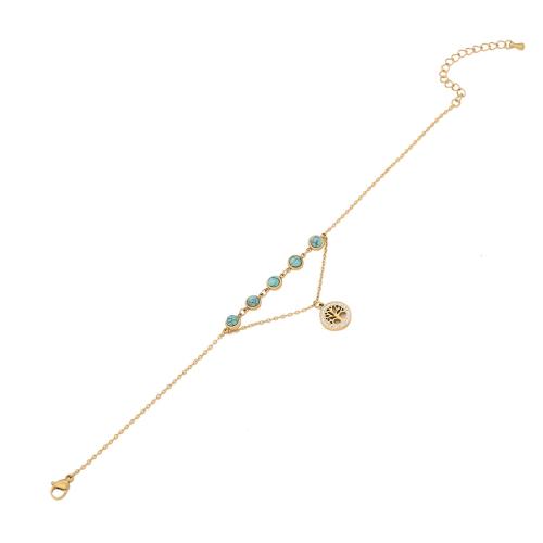 304 Stainless Steel Anklet, with turquoise, with 1.6inch extender chain, gold color plated & for woman & enamel & with rhinestone Approx 8.3 Inch 