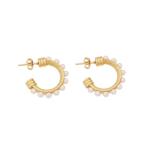 304 Stainless Steel Drop Earring, with Plastic Pearl, gold color plated & for woman & with rhinestone 