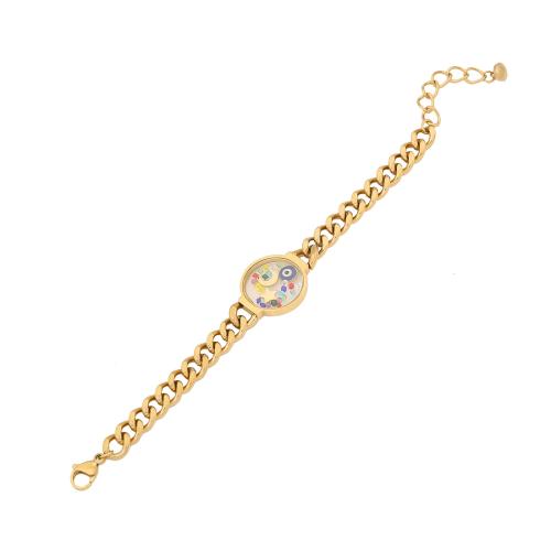 304 Stainless Steel Bracelet, with Glass, with 1.6inch extender chain, Flat Round, gold color plated & for woman & enamel Approx 6.7 Inch 