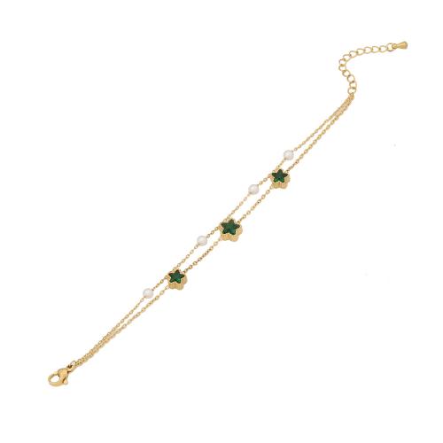 304 Stainless Steel Bracelet, with Glass & Plastic Pearl, with 1.6inch extender chain, gold color plated, Double Layer & for woman Approx 6.3 Inch 