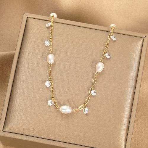 Stainless Steel Jewelry Necklace, 304 Stainless Steel, with Plastic Pearl, fashion jewelry & for woman & with rhinestone Approx 45 cm 