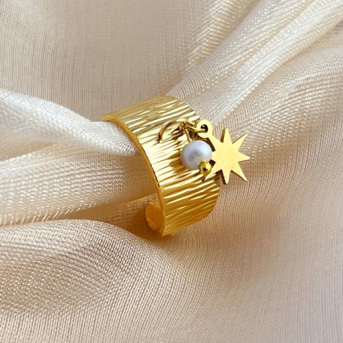 Stainless Steel Finger Ring, 304 Stainless Steel, with Plastic Pearl, 18K gold plated, fashion jewelry & for woman, golden, diameter 18mm 