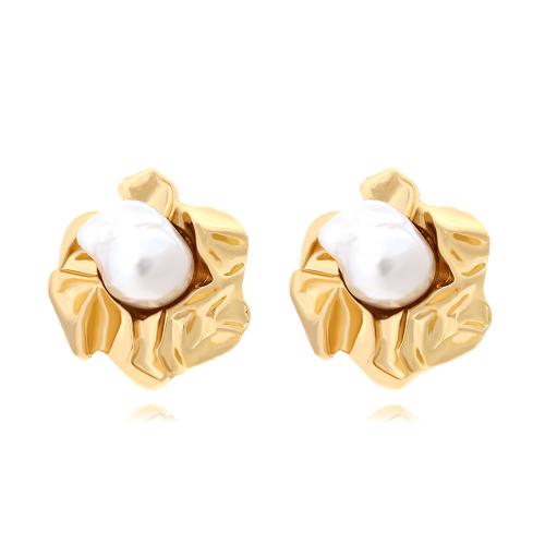 Kunststoff Perle Zink Legierung Ohrring, Zinklegierung, mit Kunststoff Perlen, plattiert, Modeschmuck, goldfarben, 32x35mm, verkauft von Paar
