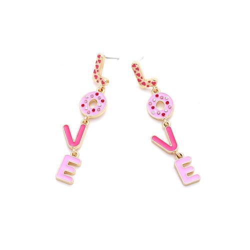 Enamel Zinc Alloy Drop Earring, Alphabet Letter, plated, fashion jewelry & with rhinestone, pink 