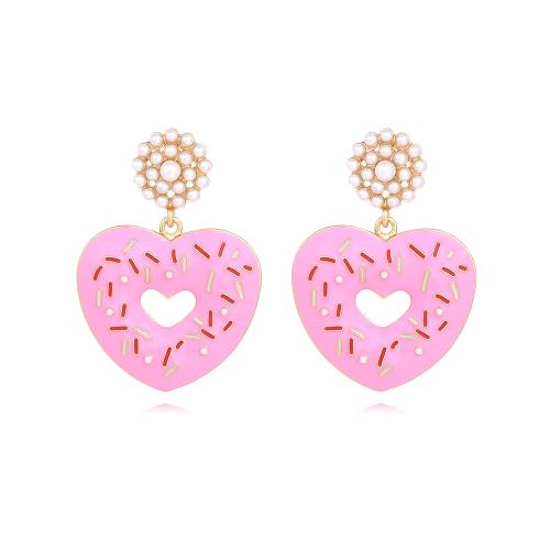 Plastic Pearl Zinc Alloy Earring, with Plastic Pearl, Heart, plated, fashion jewelry & enamel, pink 