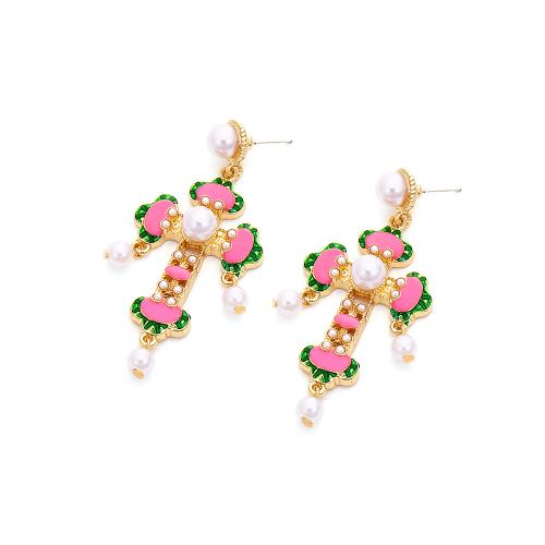 Plastic Pearl Zinc Alloy Earring, with Plastic Pearl, Cross, plated, fashion jewelry & enamel, multi-colored 