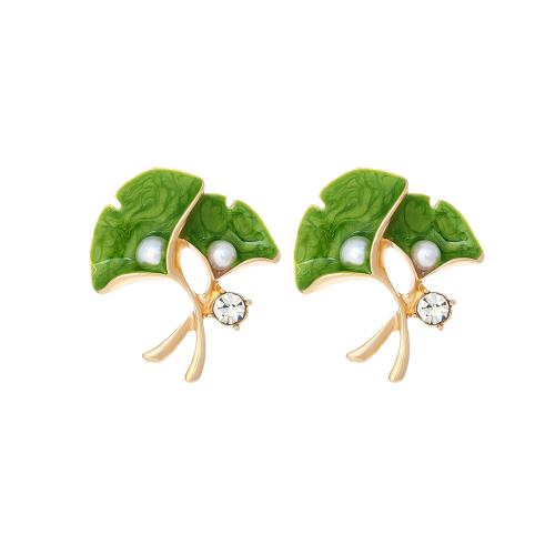 Plastic Pearl Zinc Alloy Earring, with Plastic Pearl, Leaf, plated, fashion jewelry & enamel & with rhinestone, green 