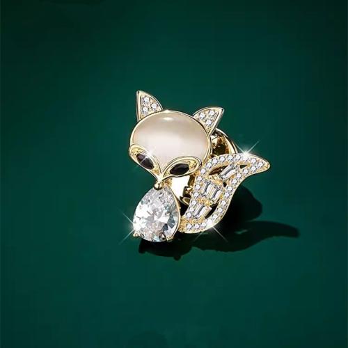 Zinc Alloy Jewelry Brooch, with Cats Eye & Crystal, Fox, plated, for woman, golden 