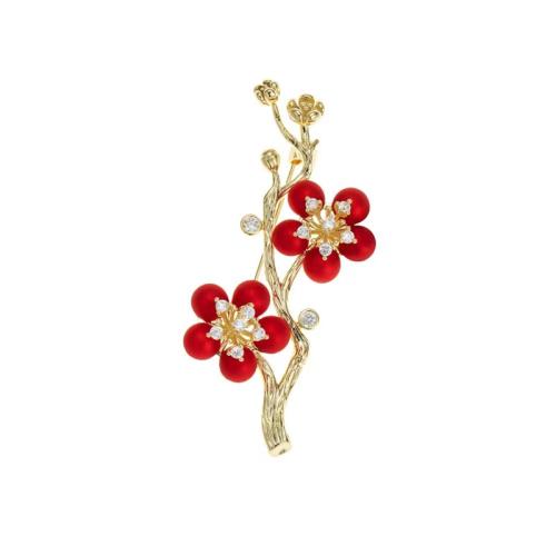 Zinc Alloy Jewelry Brooch, with Plastic Pearl, Plum Blossom, plated, for woman & with rhinestone, golden 