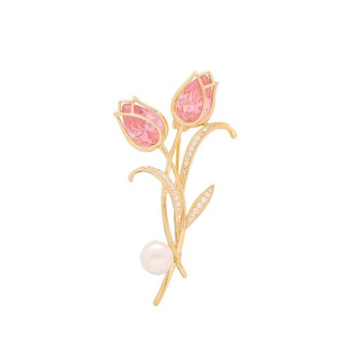 Zinc Alloy Jewelry Brooch, with Plastic Pearl, Tulip, plated, for woman & with rhinestone 