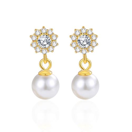Cubic Zirconia Micro Pave Sterling Silver Earring, 925 Sterling Silver, with Plastic Pearl, micro pave cubic zirconia & for woman 