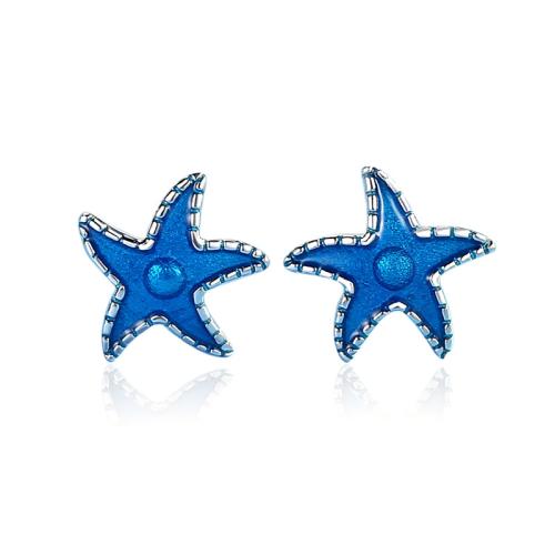 Sterling Silver Stud Earring, 925 Sterling Silver, Starfish, for woman & epoxy gel, blue 