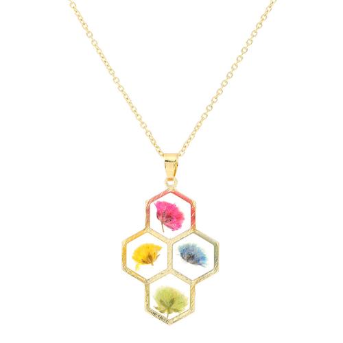 Resin Necklace, Brass, with Dried Flower & Resin, with 5cm extender chain, plated, for woman, multi-colored cm 