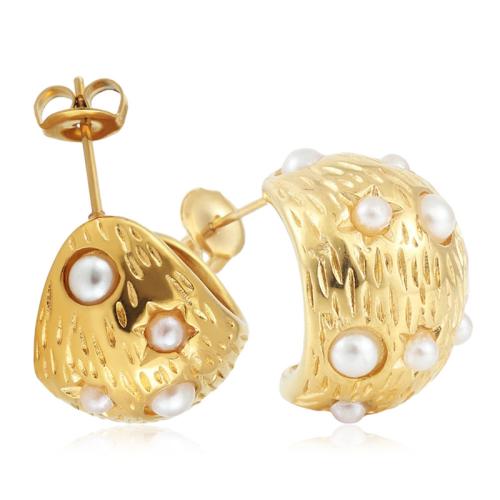 Boucles d'oreilles en acier titane, avec perle de plastique, Placage, pour femme, doré Vendu par paire