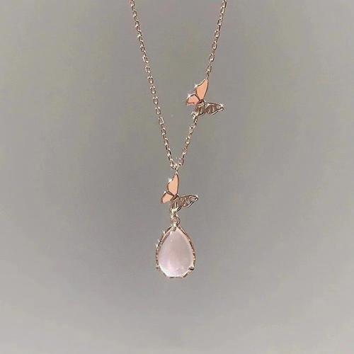 Gemstone Necklaces, Zinc Alloy, with Pink Calcedony, plated, for woman, rose gold color Approx 51-60 cm [