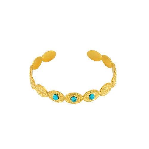 Stainless Steel Cuff Bangle, 304 Stainless Steel, with turquoise, 18K gold plated, fashion jewelry & for woman, golden, 9mm, Inner Approx 60mm 