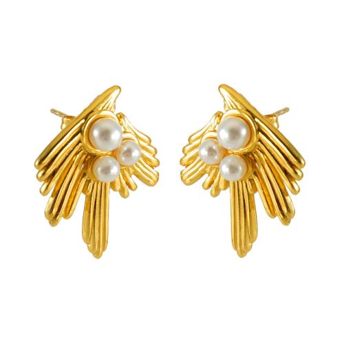 Edelstahl Stud Ohrring, 304 Edelstahl, mit Kunststoff Perlen, 18K vergoldet, Modeschmuck & für Frau, goldfarben, 26x21mm, verkauft von Paar