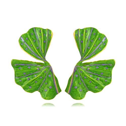 Enamel Zinc Alloy Stud Earring, Leaf, plated, fashion jewelry, green 