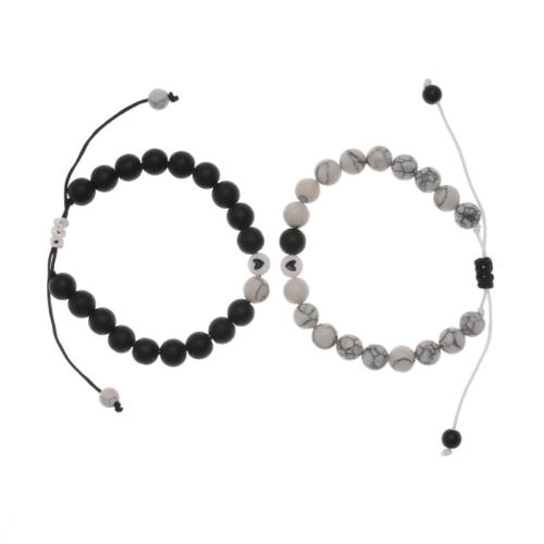 Bracelet à turquoises synthétique, corde de cire, avec pierre gemme, fait à la main, 2 pièces & pour femme, blanc et noir Environ 16-30 cm, Vendu par fixé