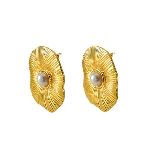 Edelstahl Stud Ohrring, 304 Edelstahl, mit Kunststoff Perlen, 18K vergoldet, Modeschmuck & für Frau, goldfarben, 34x31mm, verkauft von Paar