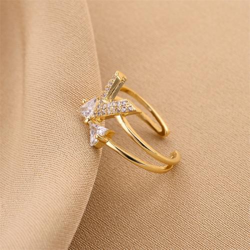 Rhinestone Brass Finger Ring, 18K gold plated, fashion jewelry & for woman & with rhinestone, golden 