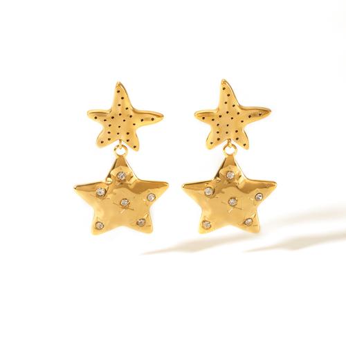 Stainless Steel Drop Earring, 304 Stainless Steel, Star, 18K gold plated, fashion jewelry & for woman & with rhinestone, golden 
