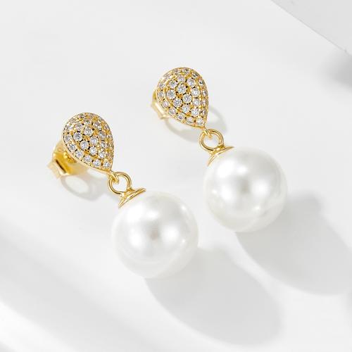 Silver Earring Zircon pavent Sterling, Argent sterling 925, avec Shell Pearl, bijoux de mode & pavé de micro zircon & pour femme, plus de couleurs à choisir Vendu par paire[