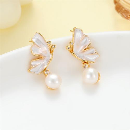 Cubic Zirconia Micro Pave Brass Earring, with White Shell & Plastic Pearl, Butterfly, fashion jewelry & micro pave cubic zirconia & for woman 