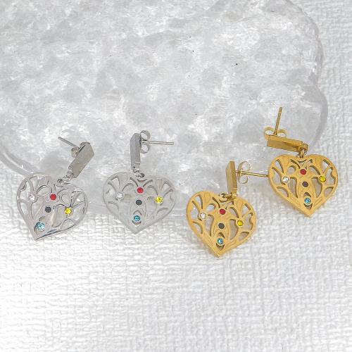 Stainless Steel Drop Earring, 304 Stainless Steel, Heart, Vacuum Ion Plating, fashion jewelry & for woman & with rhinestone 